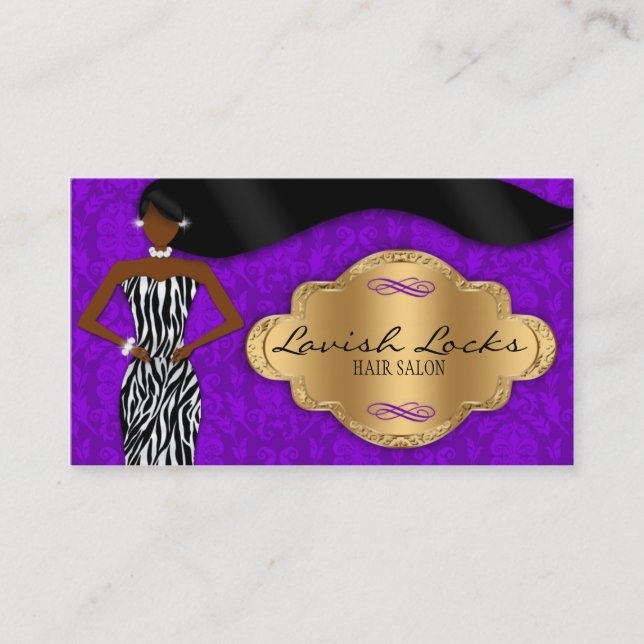 African American Hair Stylist Purple Gold Zebra Business Card (Front)