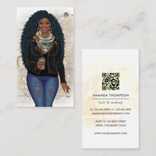 African American Hair Stylist QR Code Business Card (Front/Back)