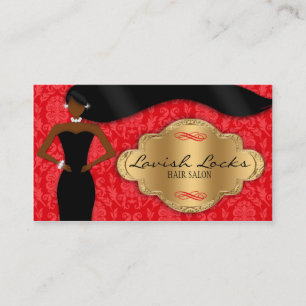 African American Hair Stylist Red Gold Damask Business Card