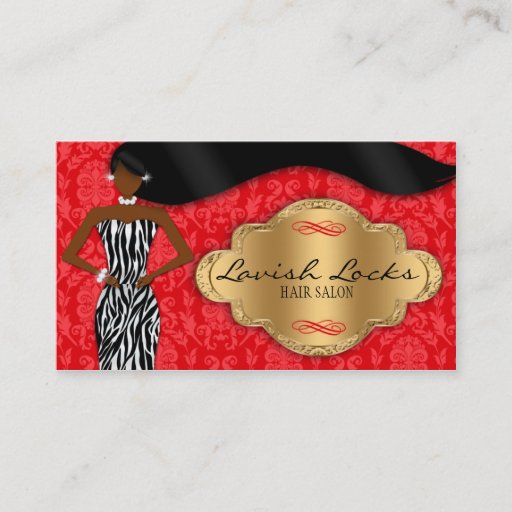 Customizable African American Hair Stylist Red Gold Zebra Business Card