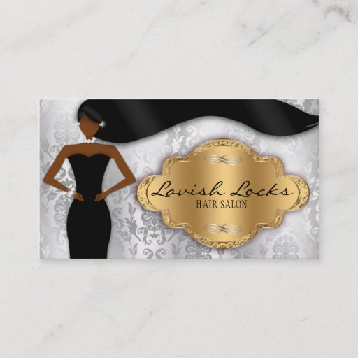 Customizable African American Hair Stylist Silver Gold Damask Business Cards