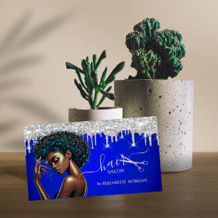 African American Hairdresser Silver Glitter Drips Business Card