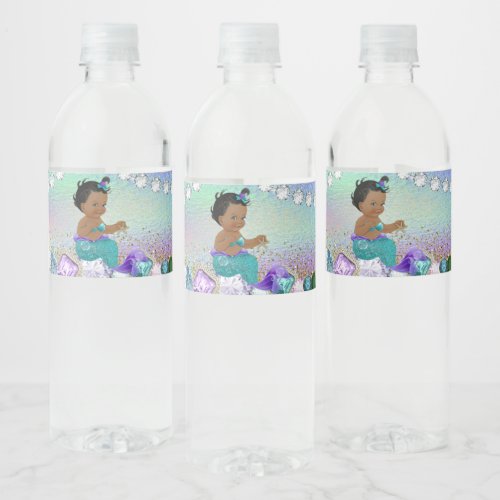 African American Jewel Mermaid Baby Shower Water Bottle Label