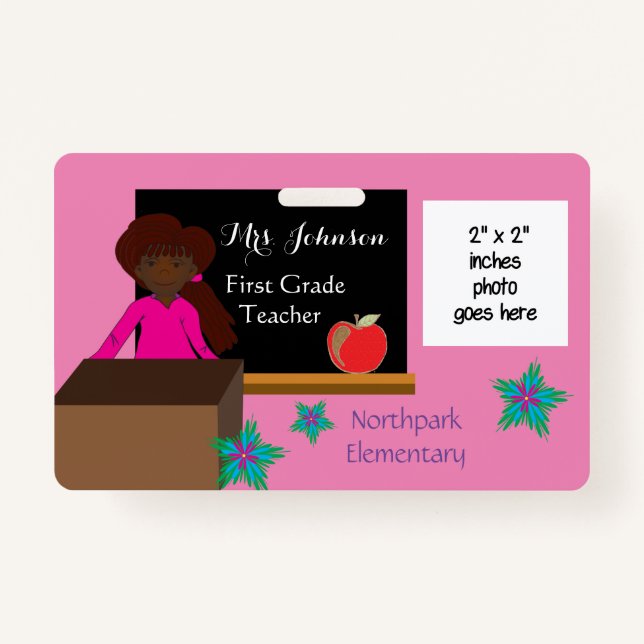 African American k-12 teacher pink ID badge (Front)