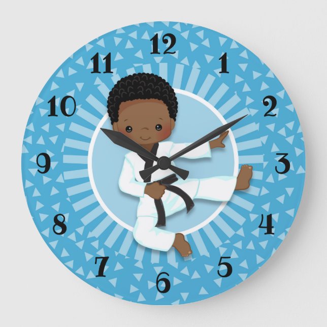 African American Karate Boy Judo Martial Arts Large Clock (Front)