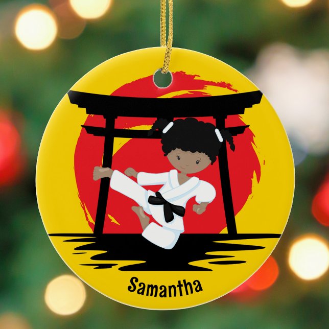 African American Karate Girl Custom Christmas Ceramic Ornament (Creator Uploaded)