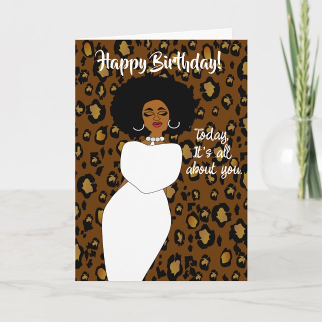 African American Lady Leopard Birthday Card (Front)