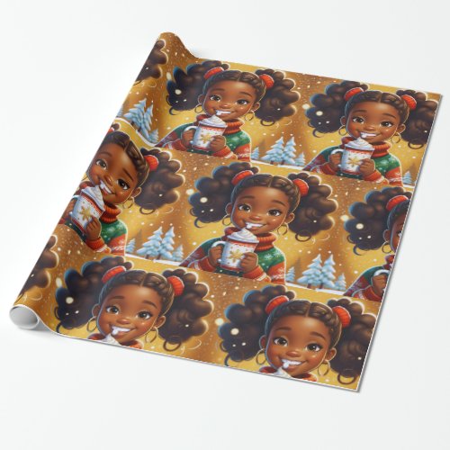 African American Little Girl Christmas Chocolate Wrapping Paper