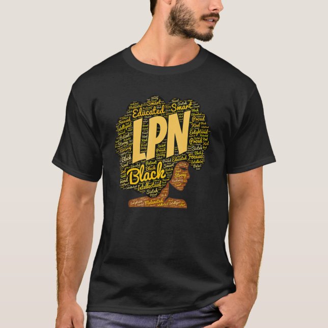 African American LPN Nurse Words in Afro T-Shirt (Front)