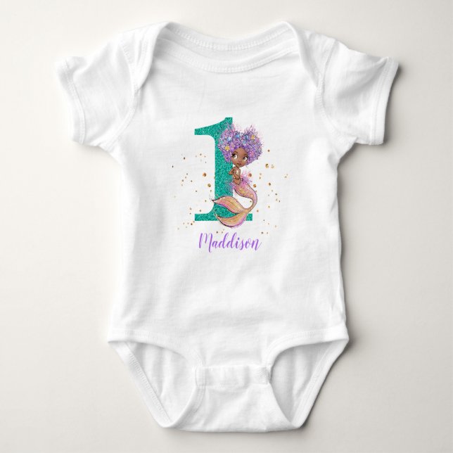 African American Mermaid 1st Birthday Baby Bodysui Bodysuit (Front)