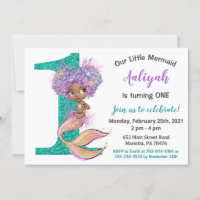 African American Mermaid 1st Birthday Invitation