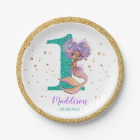 African American Mermaid 1st Birthday Paper Plate