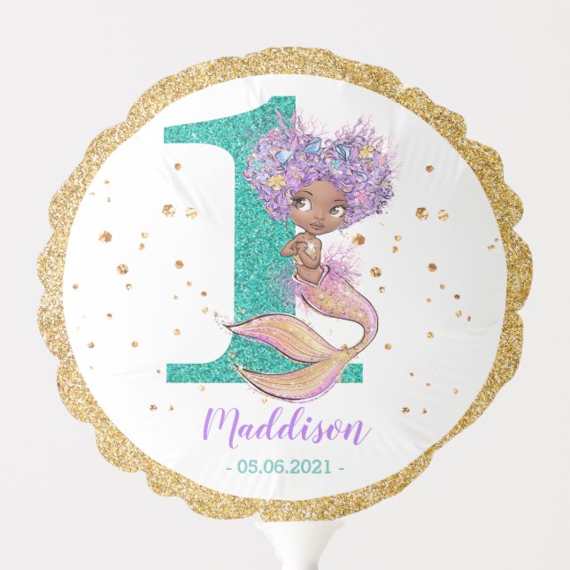 African American Mermaid 1st Birthday Party Balloon (Front)