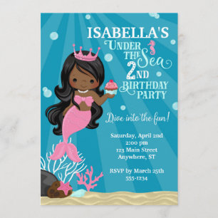African American Mermaid 2ND Birthday Invitation