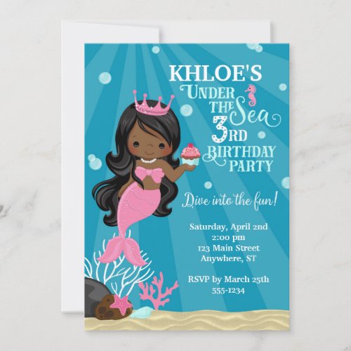 African American Mermaid 3RD Birthday Invitation