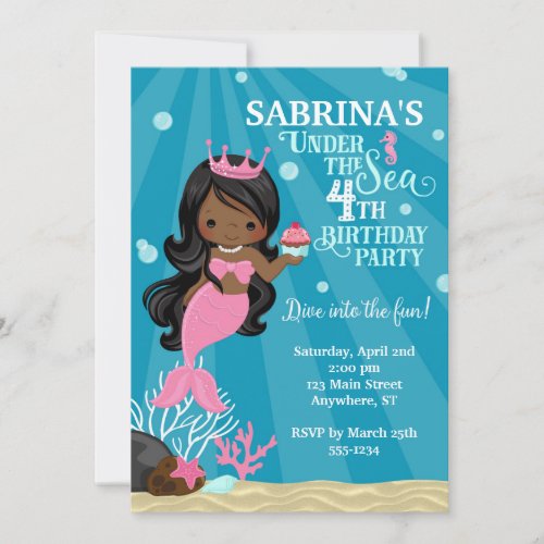 African American Mermaid 4TH Birthday Invitation