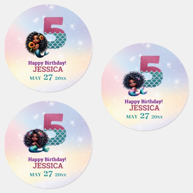 African American Mermaid 5Th Birthday  Labels (Group)