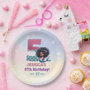 African American Mermaid 5Th Birthday  Paper Plates