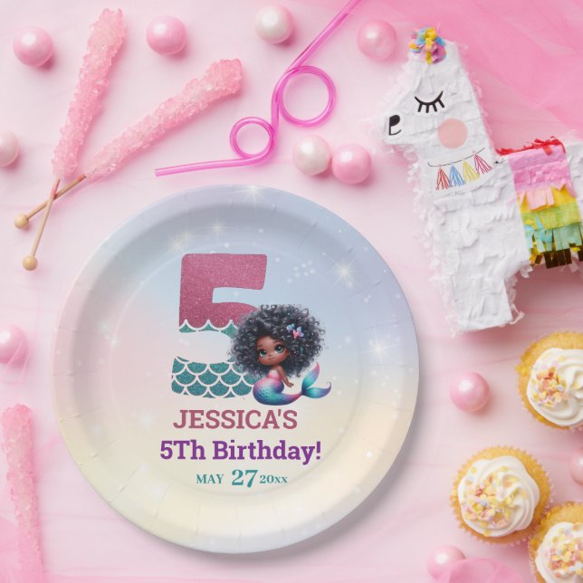 African American Mermaid 5Th Birthday  Paper Plates (Party)