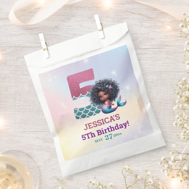 African American Mermaid 5Th Birthday Photo Favor Bag (Clipped)