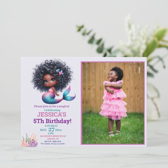 African American Mermaid 5Th Birthday Photo Invitation (Standing Front)