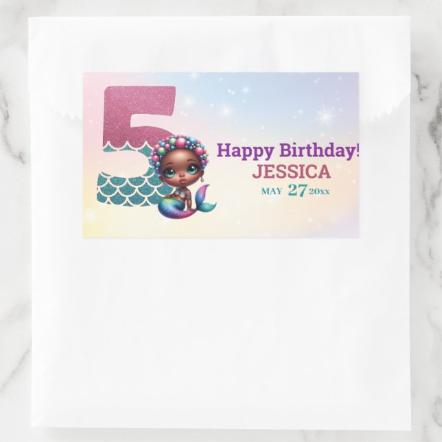 African American Mermaid 5Th Birthday  Rectangular Sticker (Bag)