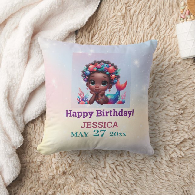 African American Mermaid 5Th Birthday  Throw Pillow (Blanket)