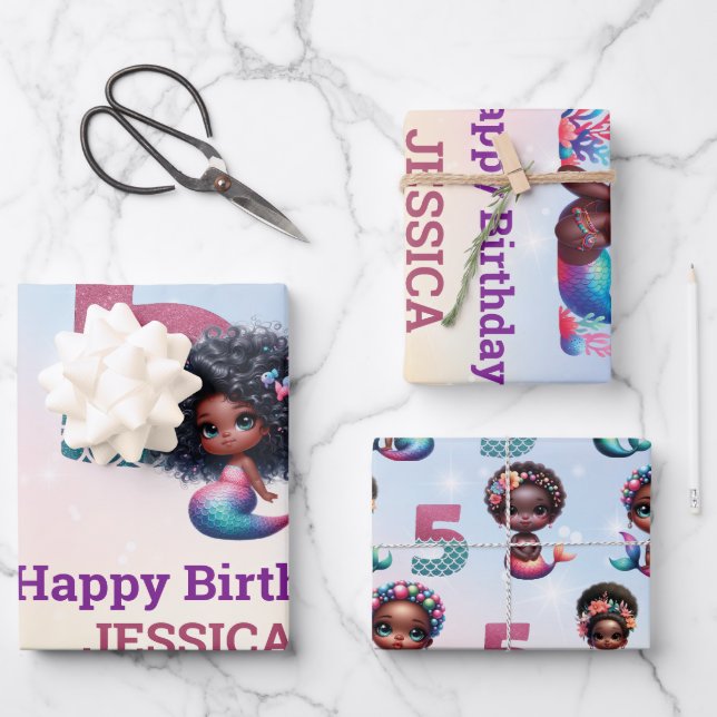 African American Mermaid 5Th Birthday  Wrapping Paper Sheets (Front)