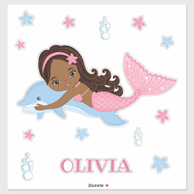 African American Mermaid and Dolphin Vinyl Sticker (Sheet)
