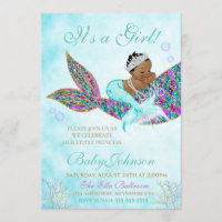 African American Mermaid Baby SHower Glitter Tail Invitation