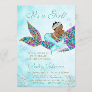 African American Mermaid Baby SHower Glitter Tail Invitation