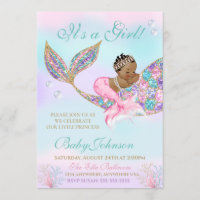 African AMerican Mermaid Baby SHower Glitter Tail Invitation