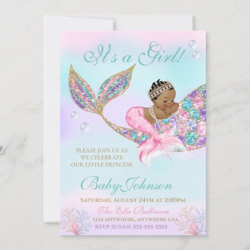 African AMerican Mermaid Baby SHower Glitter Tail Invitation