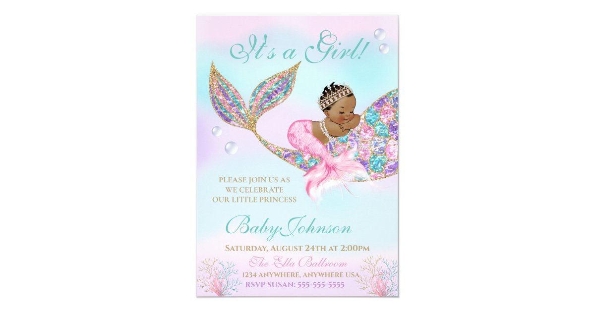 African AMerican Mermaid Baby SHower Glitter Tail Invitation