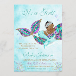 African American Mermaid Baby SHower Glitter Tail Invitation