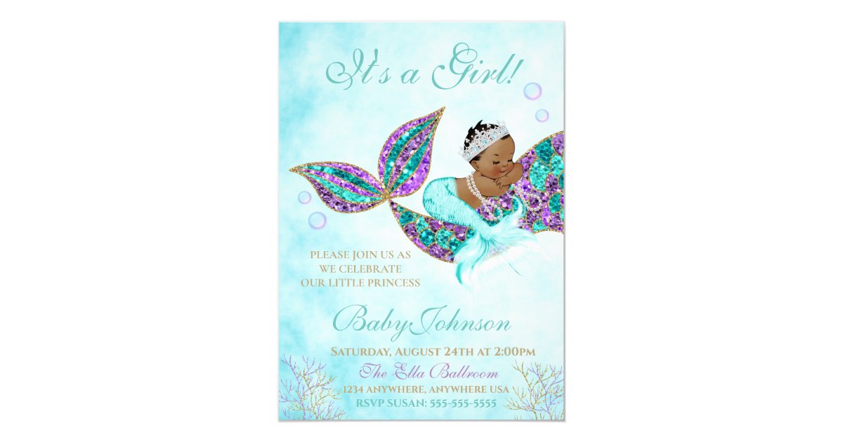 African American Mermaid Baby SHower Glitter Tail Invitation