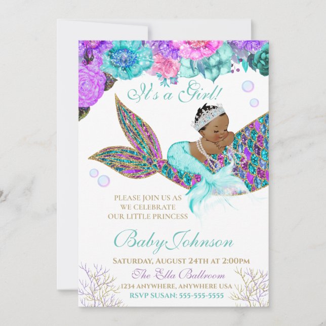 African American Mermaid Baby SHower Glitter Tail Invitation (Front)