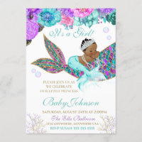 African American Mermaid Baby SHower Glitter Tail Invitation