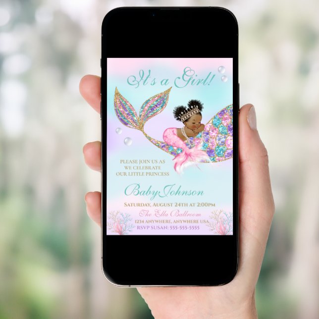 African American Mermaid Baby SHower Glitter Tail Invitation (Front Digital)