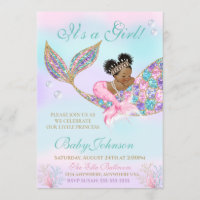 African American Mermaid Baby SHower Glitter Tail Invitation