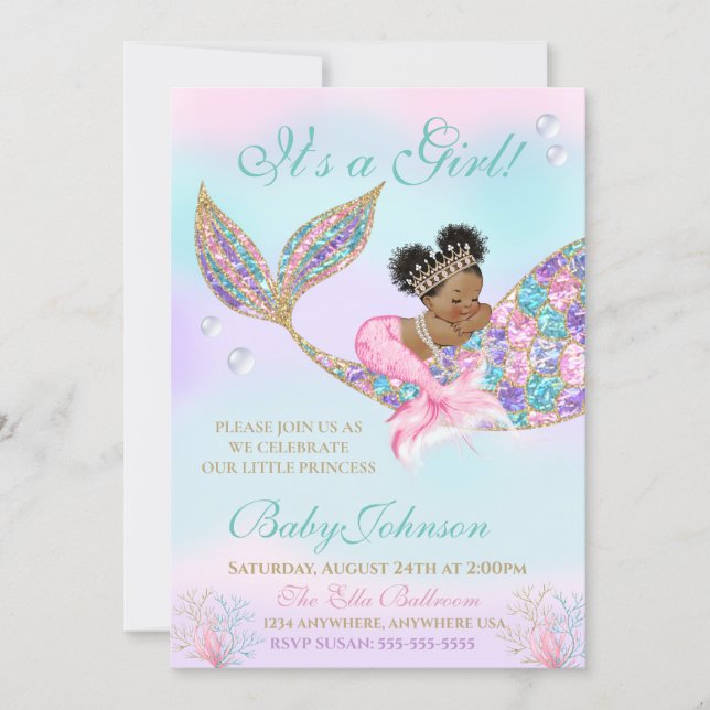 African American Mermaid Baby SHower Glitter Tail Invitation (Front)