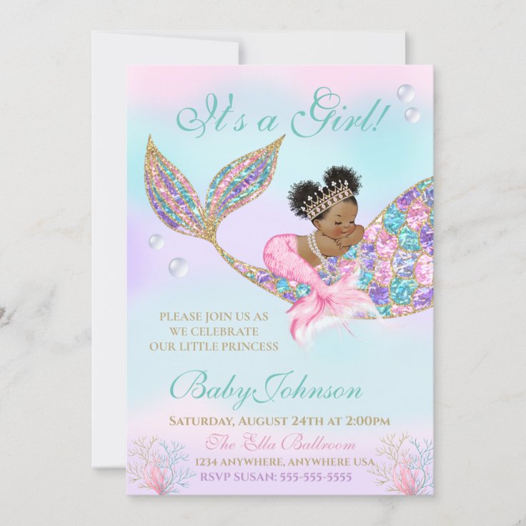 African American Mermaid Baby SHower Glitter Tail Invitation Zazzle