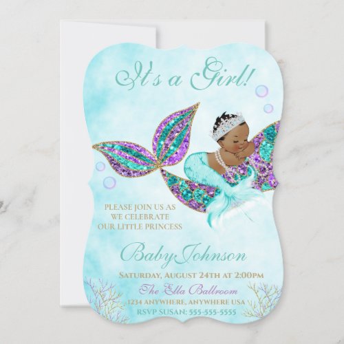African American Mermaid Baby SHower Glitter Tail Invitation
