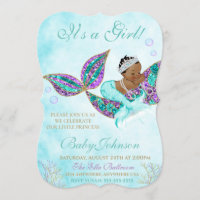 African American Mermaid Baby SHower Glitter Tail Invitation