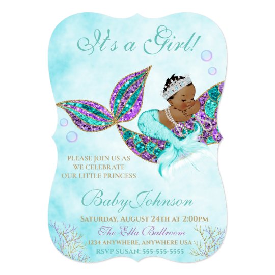 African American Mermaid Baby SHower Glitter Tail Invitation