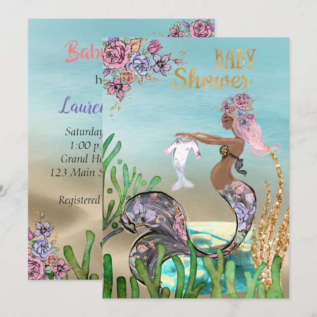 African American Mermaid Baby Shower Invitation (Front/Back)