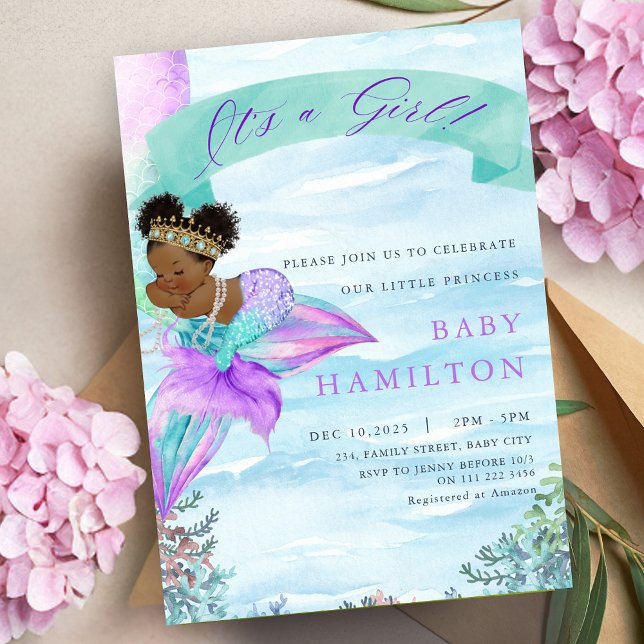 African American Mermaid Baby Shower Invitation (African American Mermaid Baby Shower Invitation)