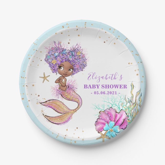 African American Mermaid Baby Shower Paper Plate (Front)