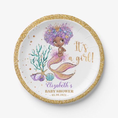 African American Mermaid Baby Shower Paper Plate