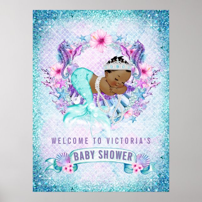 African American Mermaid Baby Shower Welcome Signs (Front)